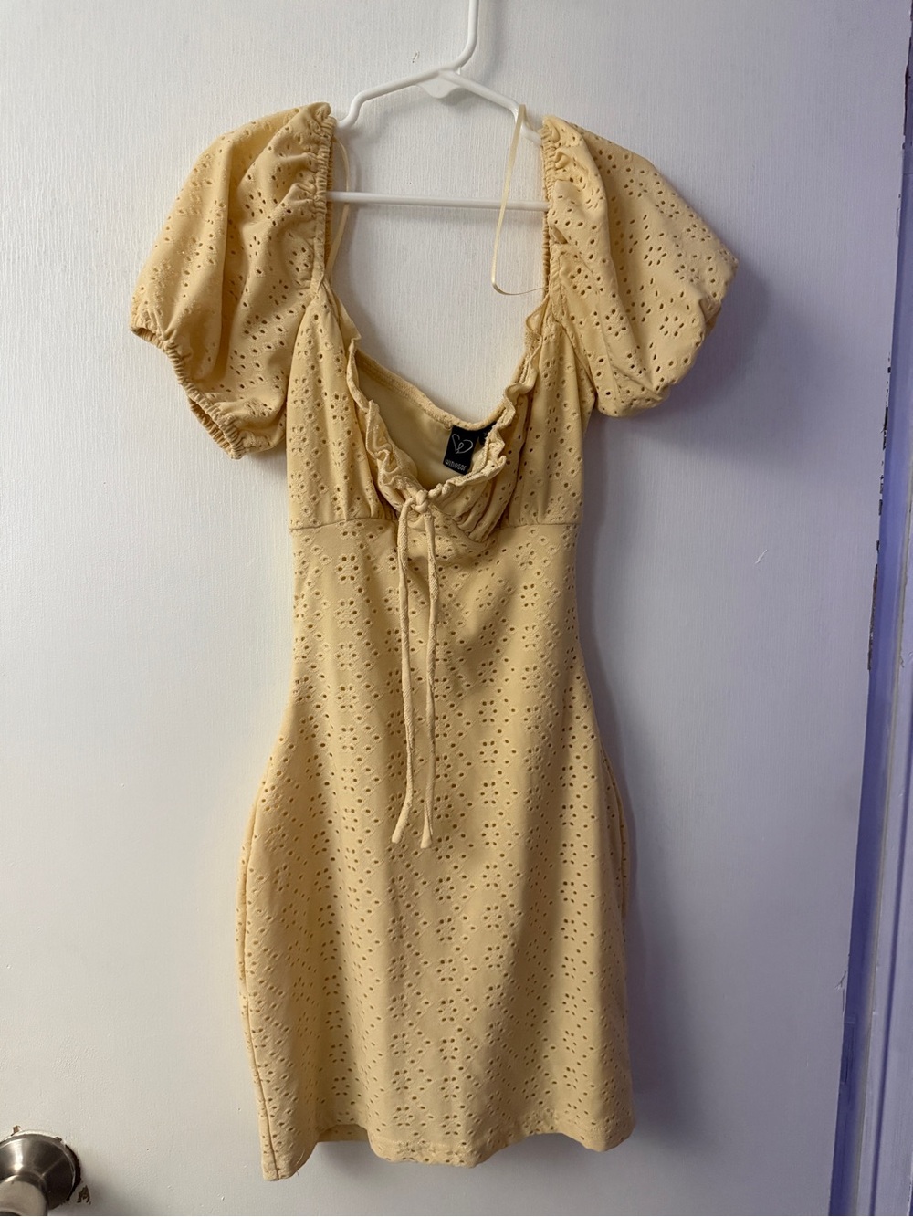 Windsor Pale Yellow Eyelet Puff-Sleeve Mini Dress